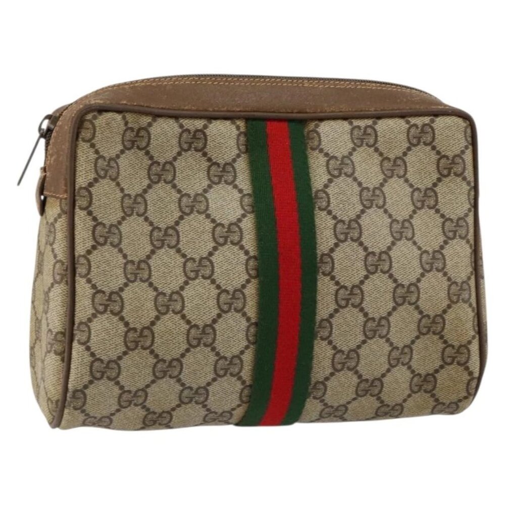 GUCCI GG Supreme Web Sherry Line Clutch Bag PVC Beige Gold 89 01 012 Auth th6454